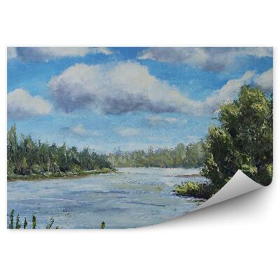 Papier peint Lac Plantes Ciel Nuages Peinture À L'huile