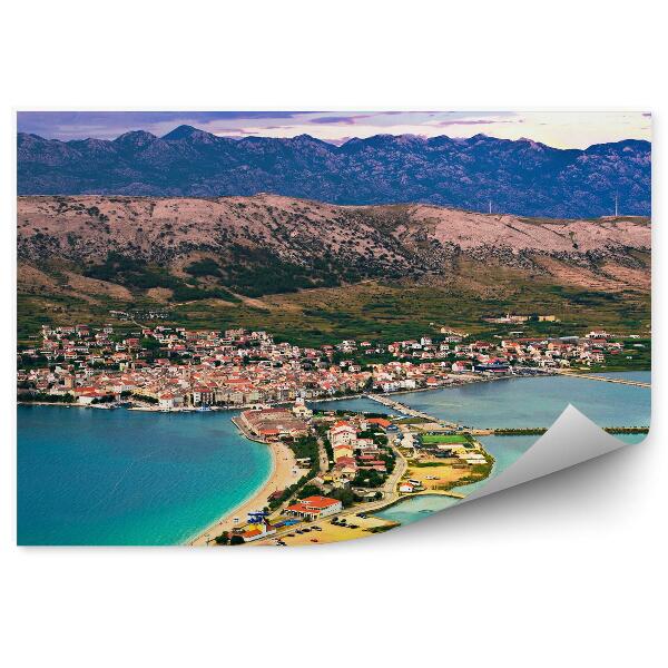 Papier peint Vue D'oiseau Île Pag Croatie Montagnes Bâtiments Dunes Mer Ciel Nuages