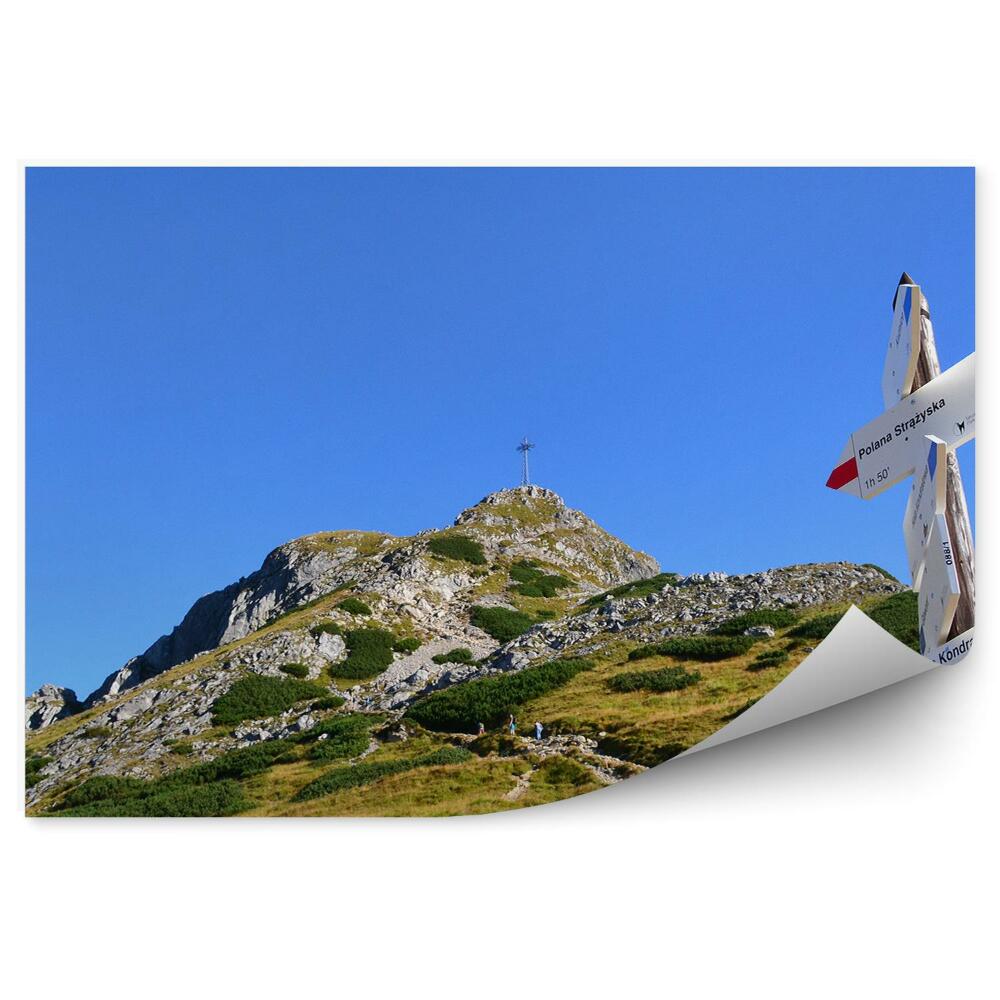 Papier peint Croix Giewont Roches Plantes Vue Montagnes Tatra Signe Ciel