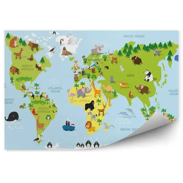 Papier peint Carte du monde amusante avec des animaux traditionnels de tous les continents et océans