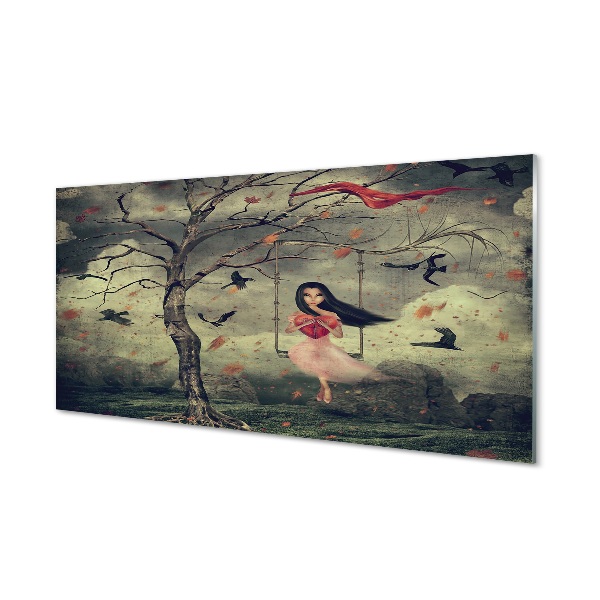 Tableau en verre Arbre nuages ​​fille rocher oiseaux