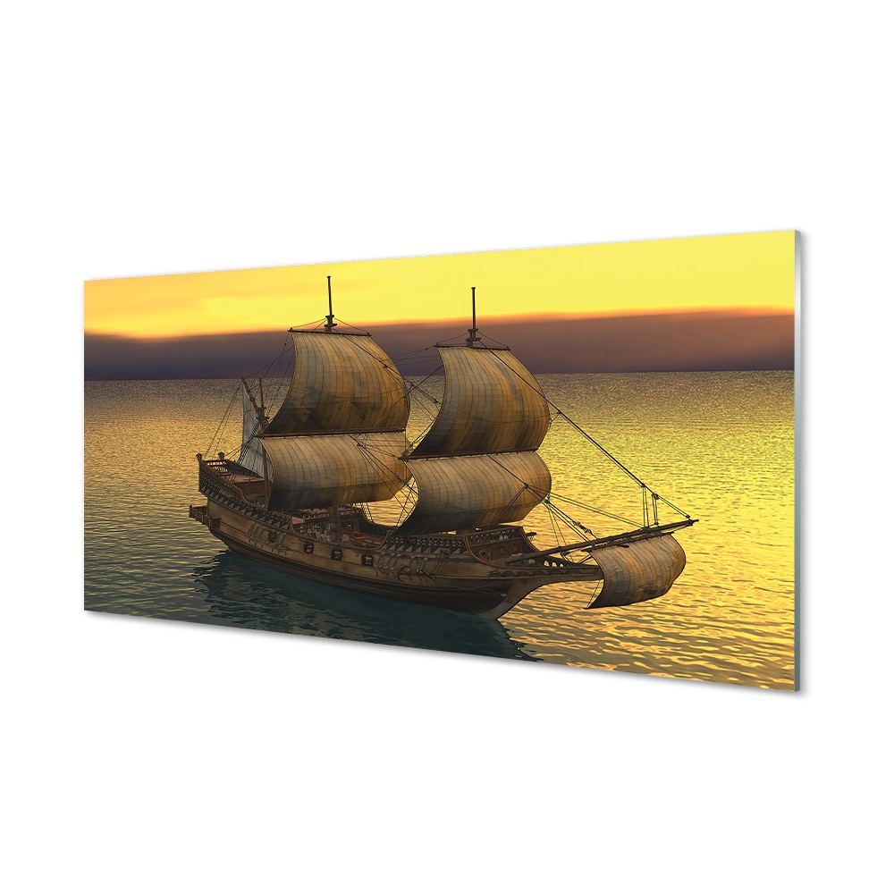 Tableau verre imprimé Mer navire ciel jaune