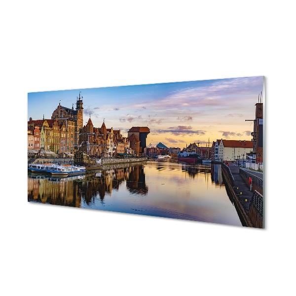 Tableau en verre Port du lever du soleil de la rivière gdańsk