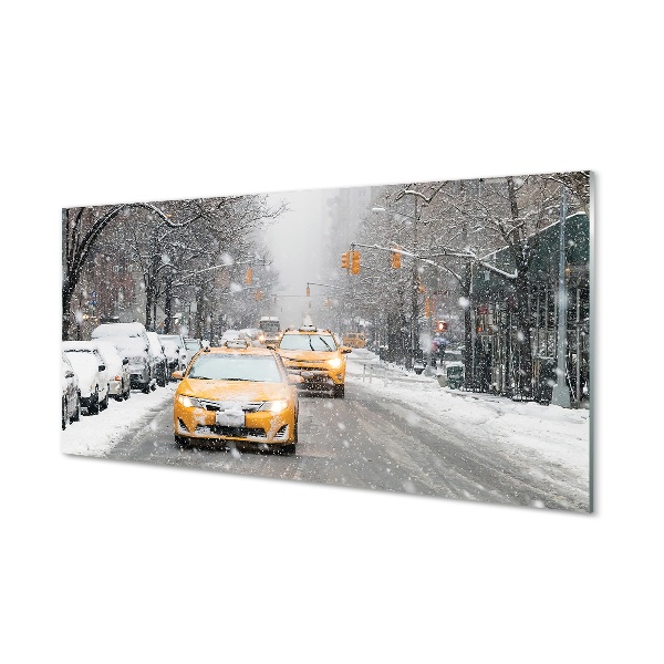 Tableau imprimé sur verre Voiture de ville de la neige d'hiver