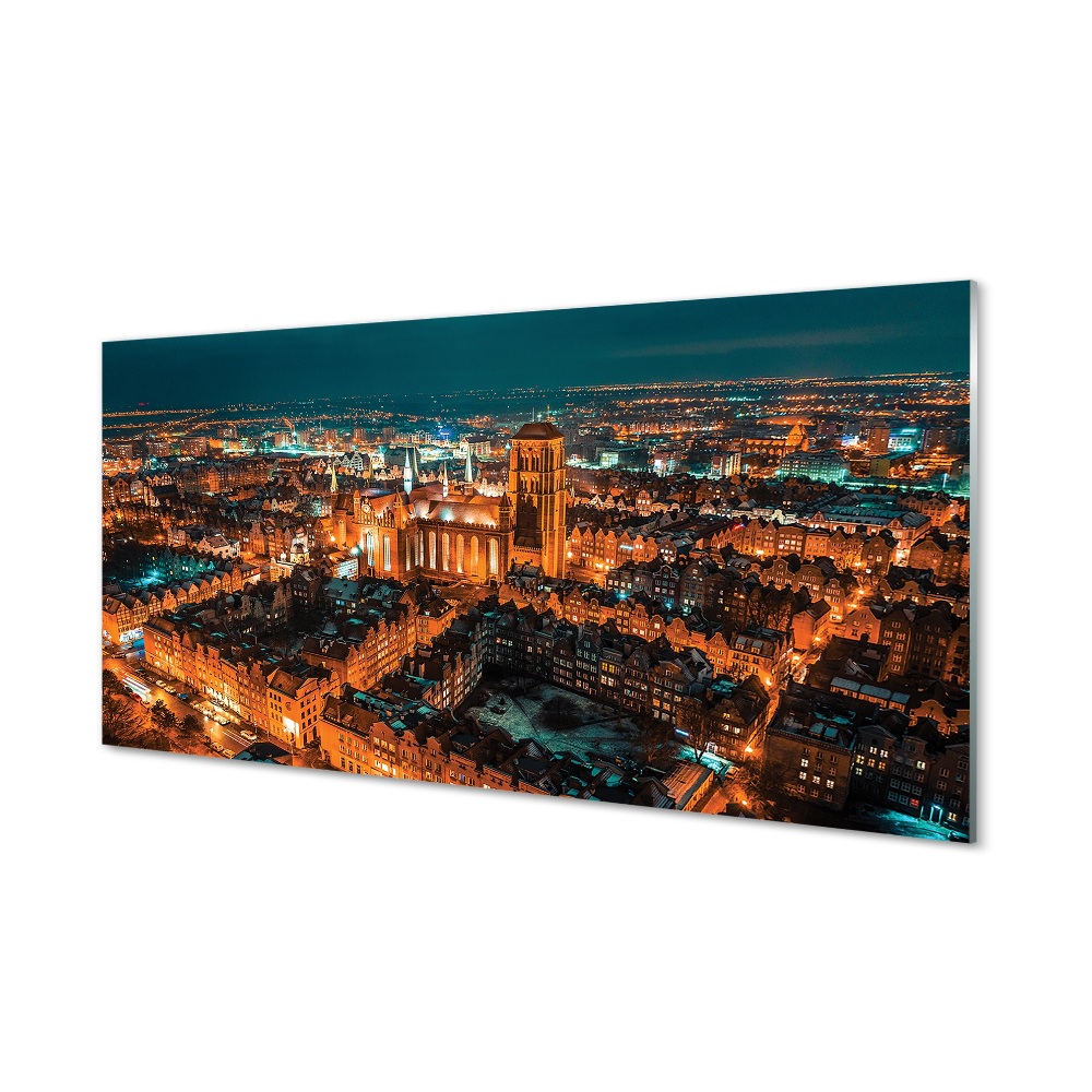 Tableau en verre Panorama de nuit de l'église gdańsk