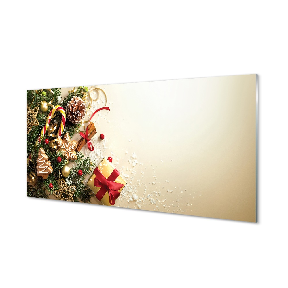 Tableau imprimé sur verre Brindilles cadeaux pain d'épice cônes