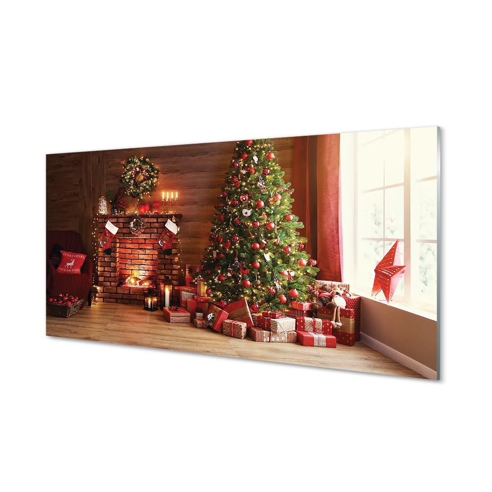 Tableau sur verre Cadeaux cheminée lumières de noël