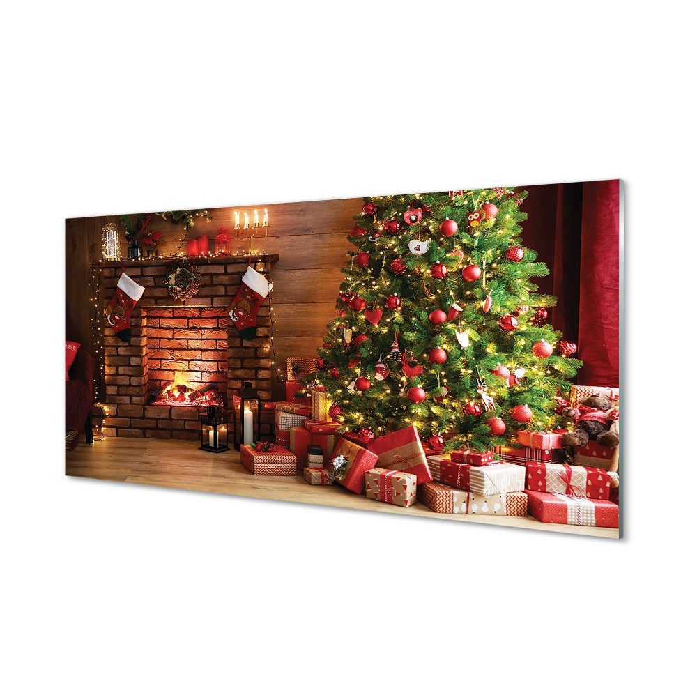 Tableau photo sur verre Cadeaux cheminée lumières de noël