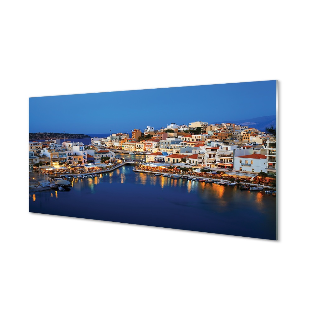 Tableau sur verre Ville côte grèce la nuit