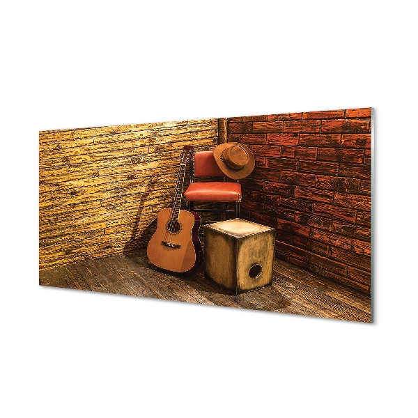 Tableau verre imprimé Chaise chapeau guitare