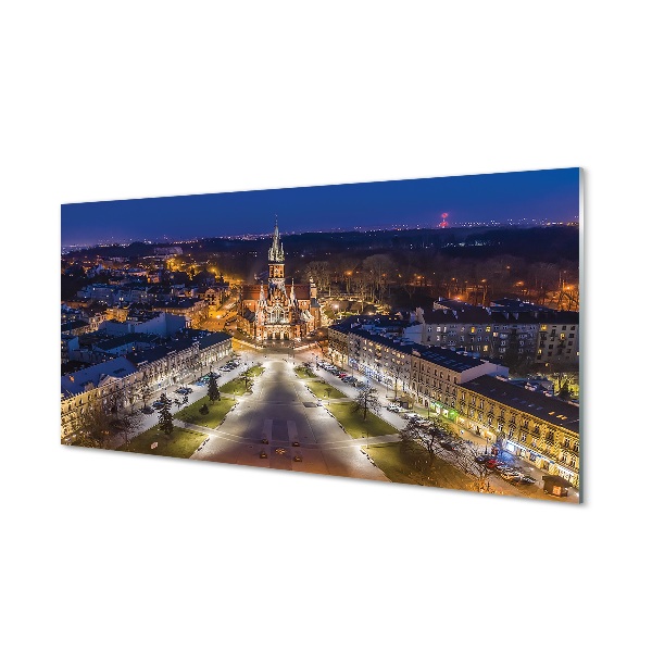 Tableau en verre Panorama de nuit de l'église de cracovie