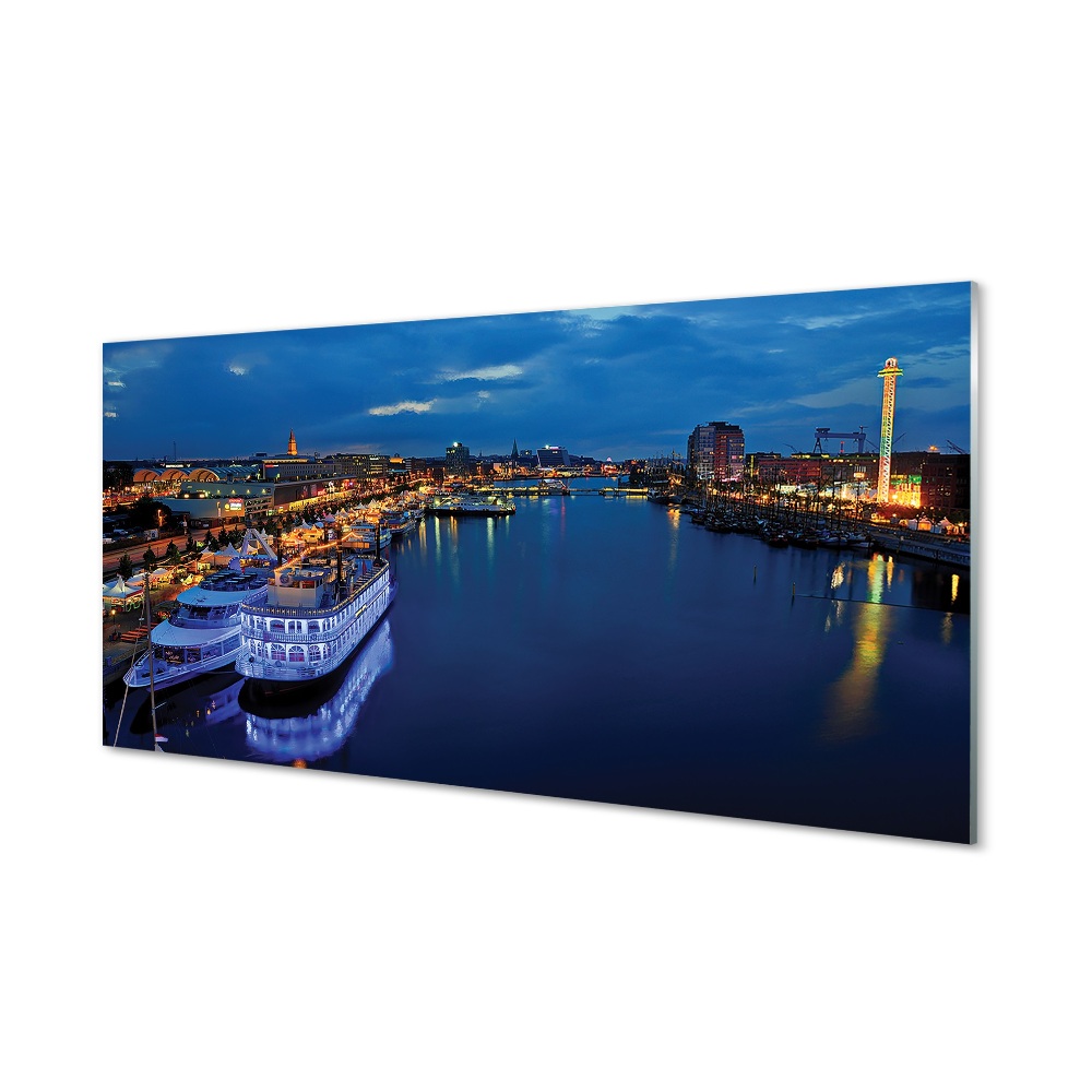 Tableau imprimé sur verre La ville de la mer du navire au ciel nocturne