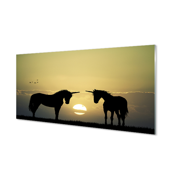 Tableau photo sur verre Coucher du soleil sur le terrain licornes