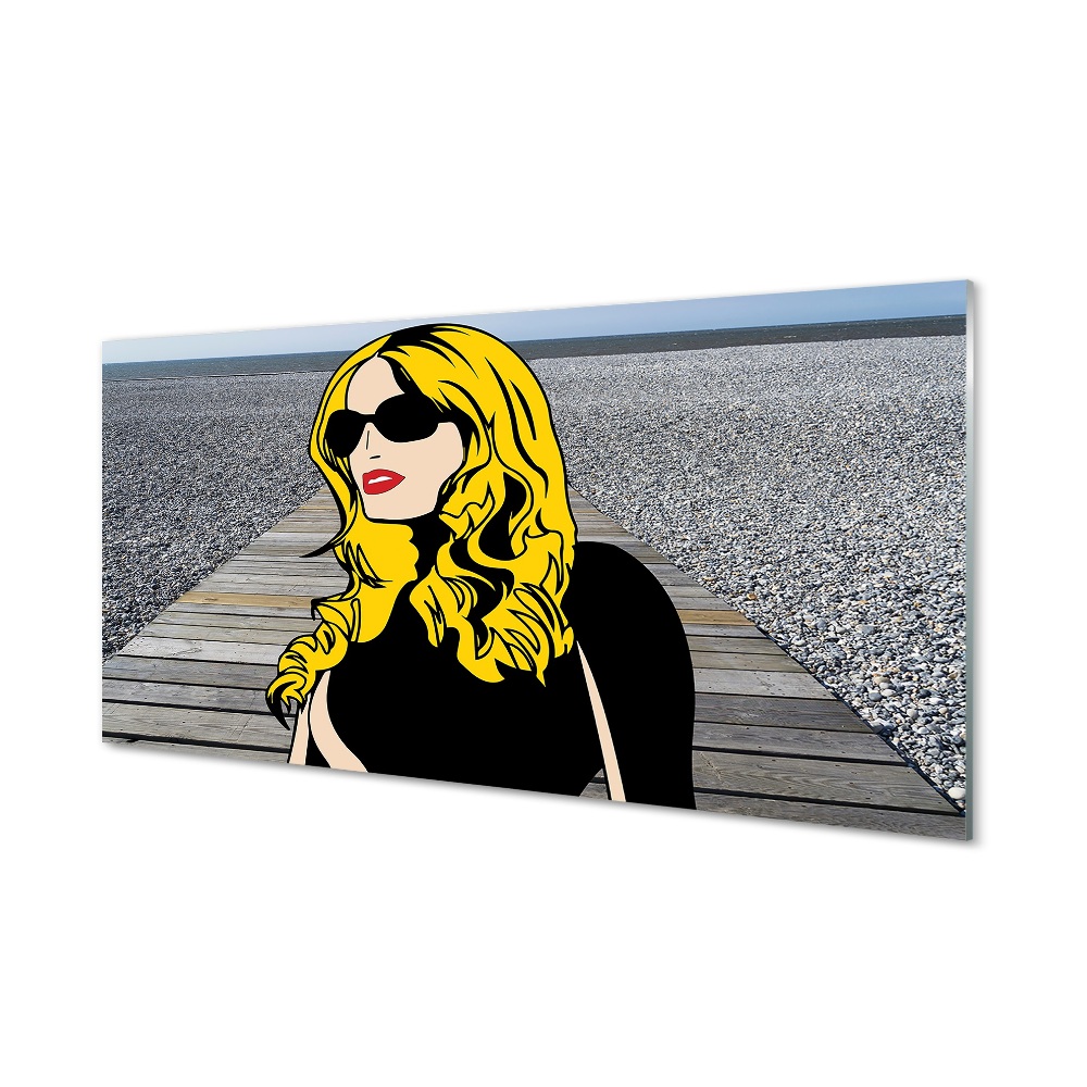 Tableau en verre Lunettes de soleil noires femme lèvres rouges