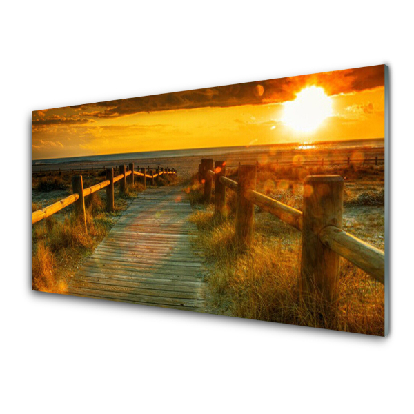 Tableau en verre Passerelle Plage Coucher de soleil