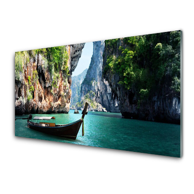 Tableau sur verre Bateau Lac Roches Paysage