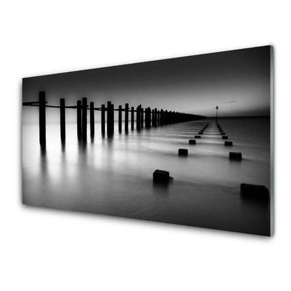 Tableau sur verre Brise-lames noir et blanc Mer