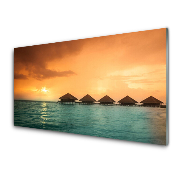 Tableau verre imprimé Chalets sur fond de coucher de soleil Mer