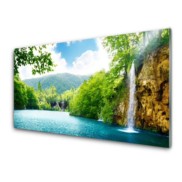 Tableau sur verre Cascade sur une montagne au bord d'un lac