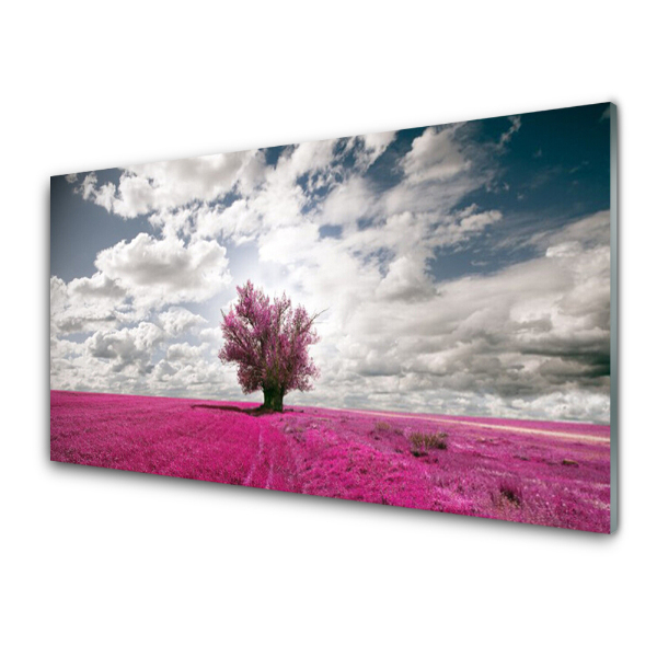 Tableau sur verre Arbre dans un champ rose