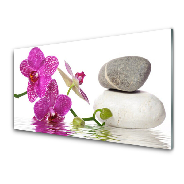 Tableau en verre Fleur et pierres blanches