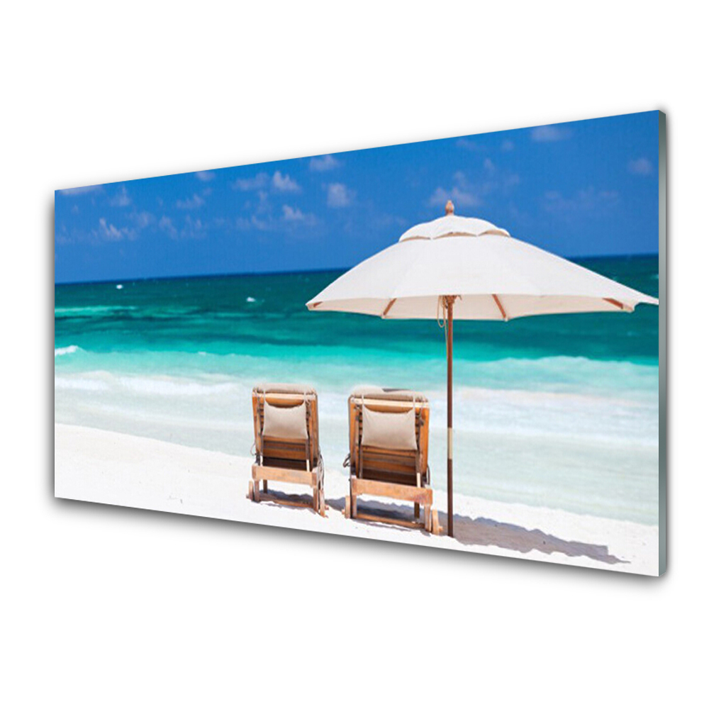 Tableau verre imprimé Chaises longues et parasol sur la plage