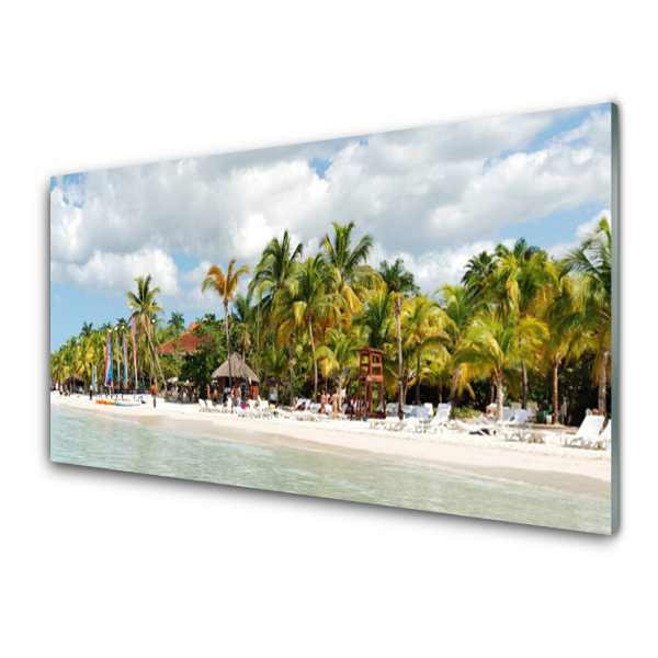 Tableau photo sur verre Chaises longues et palmiers sur la plage