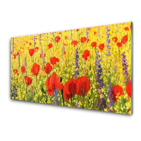 Tableau en verre Pré Fleurs jaunes et coquelicots