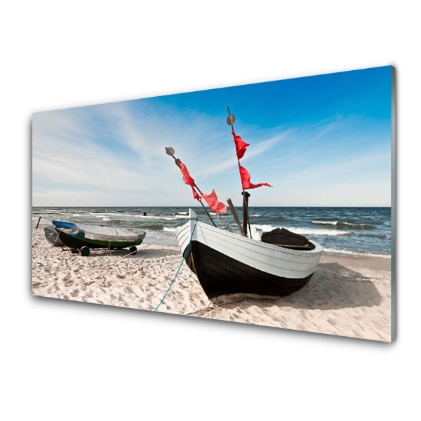 Tableau verre imprimé bateaux sur le sable