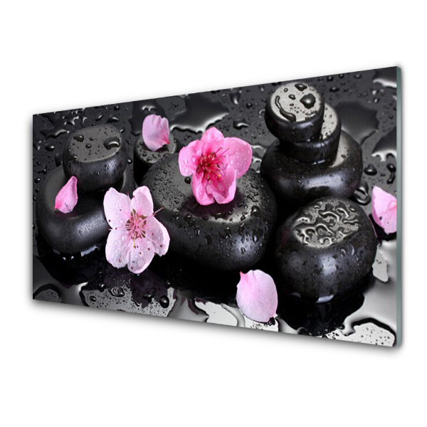 Tableau imprimé sur verre Pierres noires et fleurs roses