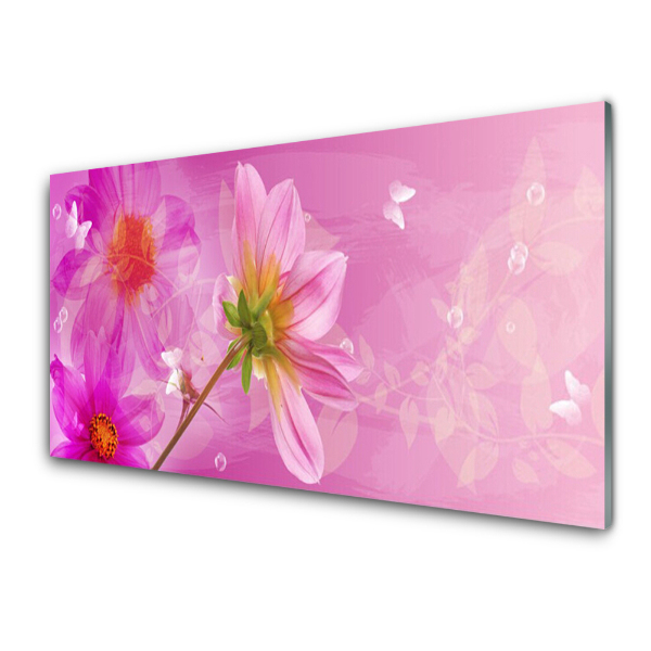 Tableau sur verre Fond rose et fleurs