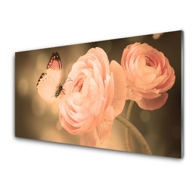 Tableau sur verre Roses pêches et papillon