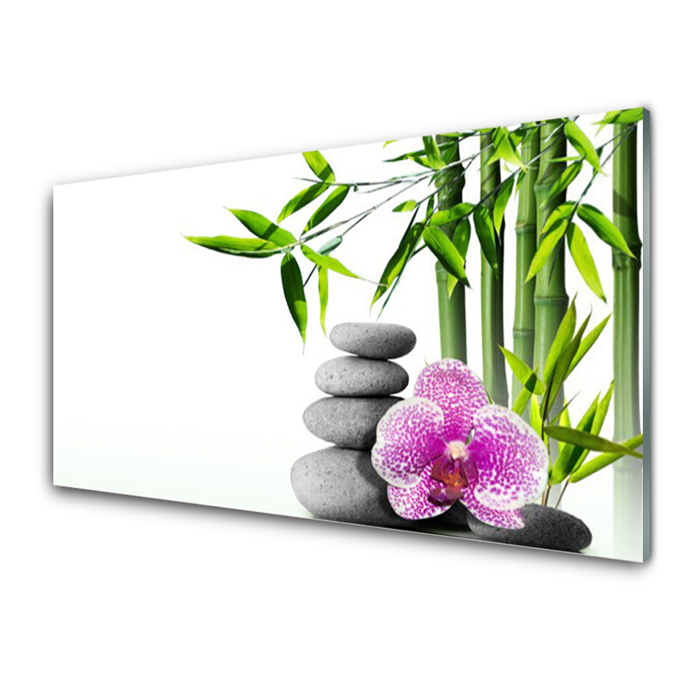 Tableau sur verre Tour de pierres en bambou sur fond blanc