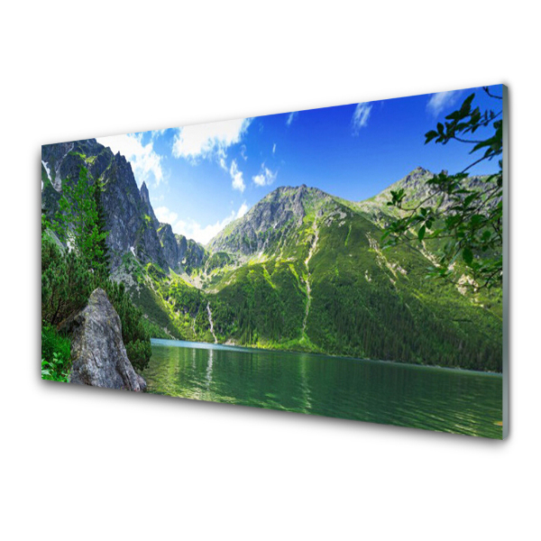 Tableau sur verre Lac vert sur fond de montagnes