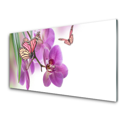 Tableau en verre Papillons sur orchidées violettes
