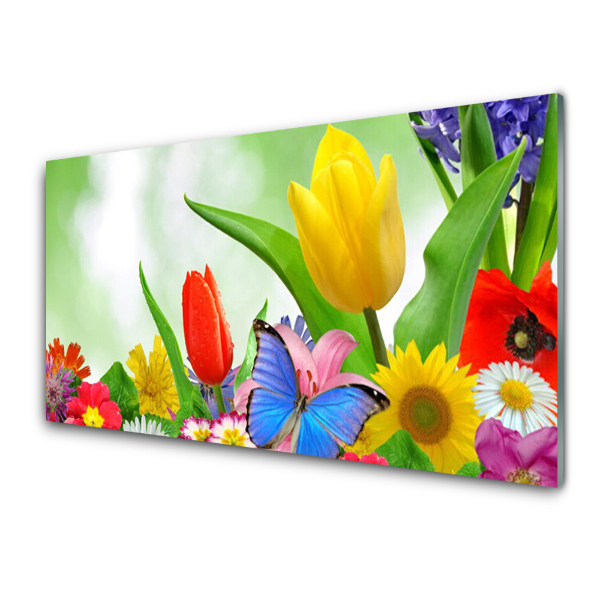 Tableau sur verre Fleurs arc-en-ciel et papillon