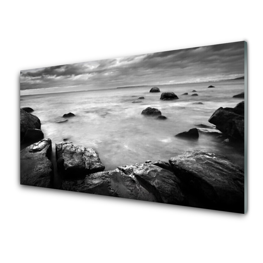 Tableau verre imprimé Rochers et mer en noir et blanc