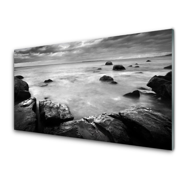 Tableau verre imprimé Rochers et mer en noir et blanc