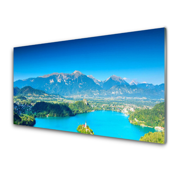 Tableau sur verre Lac bleu Vue de la montagne