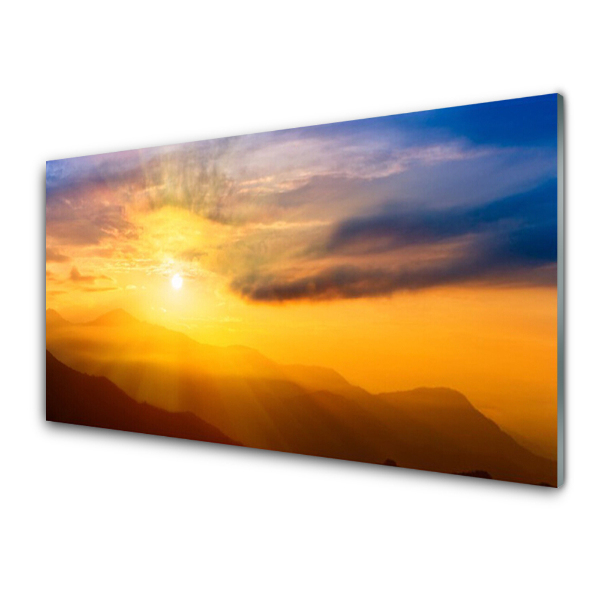 Tableau verre imprimé Montagnes nuages rayons de soleil