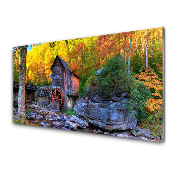 Tableau verre imprimé Moulin à eau dans la forêt en automne