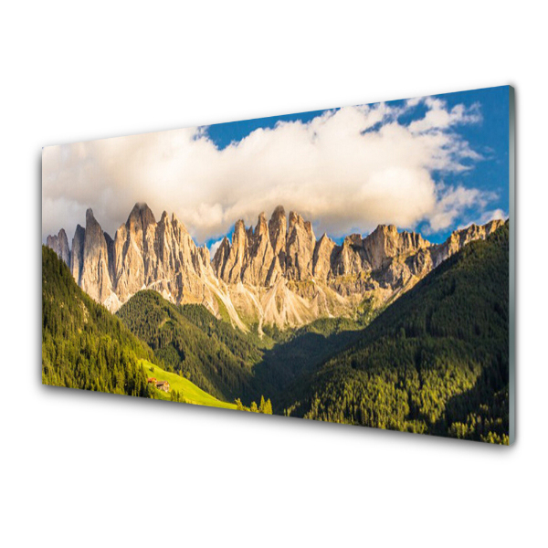 Tableau photo sur verre Pics montagneux parmi les arbres Nuages