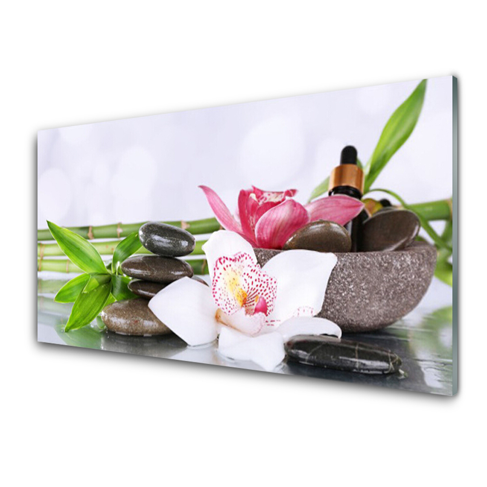 Tableau sur verre Pierres à huile et fleur blanche