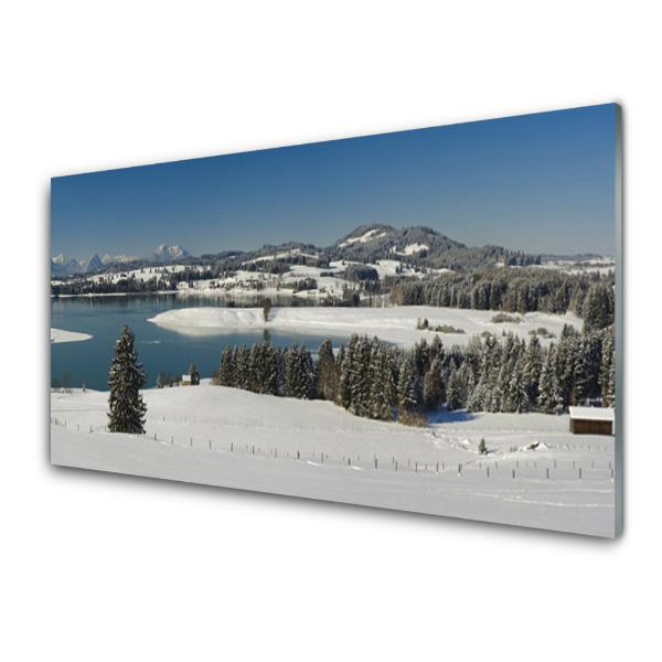 Tableau verre imprimé Lac en montagne neige hiver