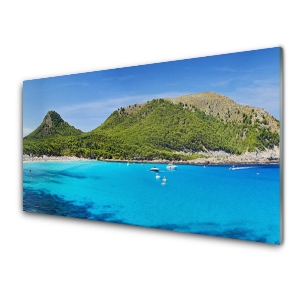 Tableau sur verre Mer bleue sur fond de montagnes