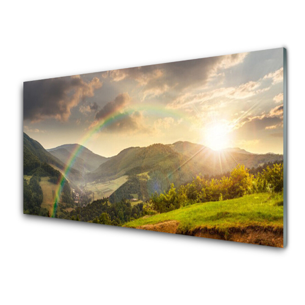 Tableau verre imprimé Pré Montagnes Arc-en-ciel Soleil