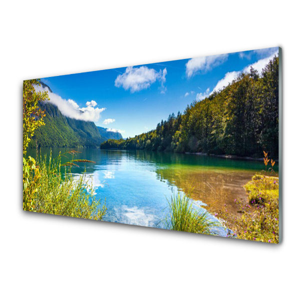 Tableau photo sur verre Lac dans les montagnes ciel bleu