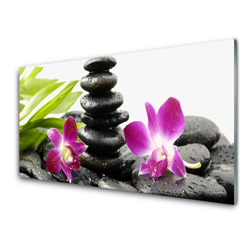 Tableau en verre Tour de pierres et fleurs roses
