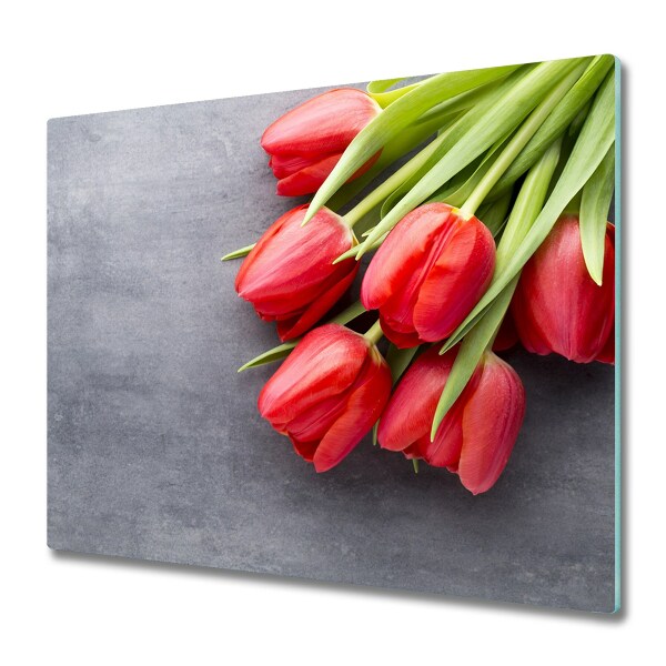 Couvre plaque de cuisson Tulipes rouges sur fond gris