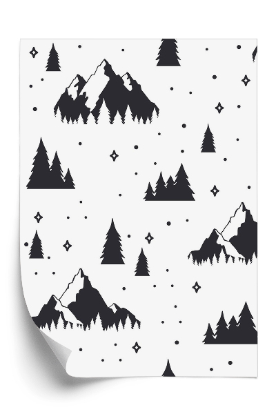 Papier peint Montagnes et arbres sur fond blanc